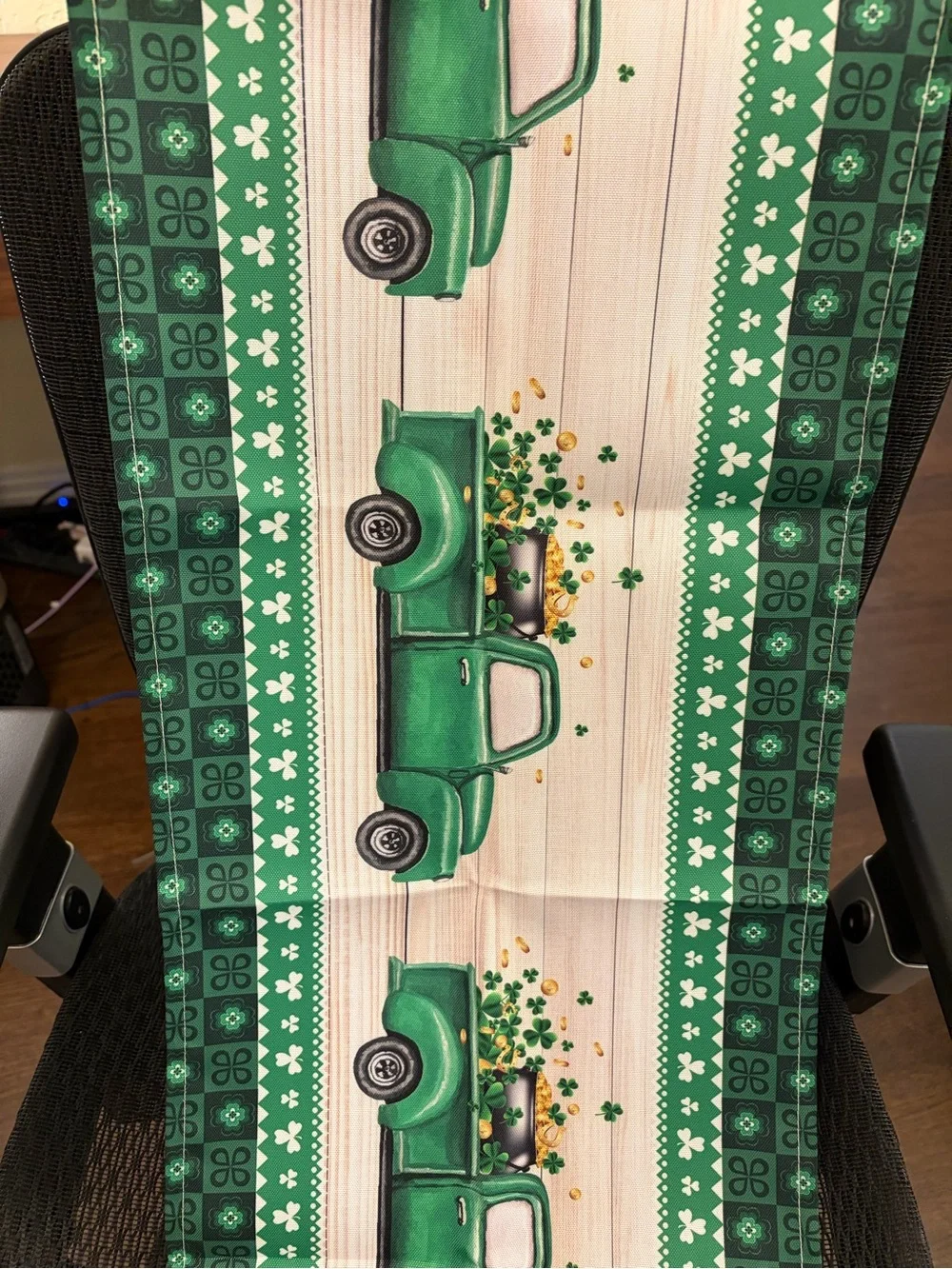St. Patrick's Day Green Truck Table Runner with Shamrock Trim